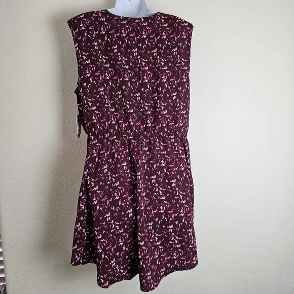 Bar III Burgundy Floral V-Neck Mini Dress XL Draped Skirt Sleeveless - Picture 6 of 15